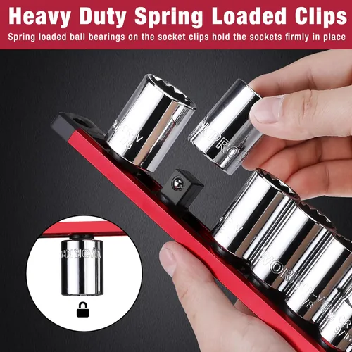 Miniatura 6 de WORKPRO Organizador magnético de llaves de vaso, riel de llaves de aleación de aluminio de 1/2 pulgada, soporte para llaves de vaso de servicio Rojo