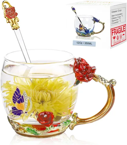 Miniatura 11 de Taza de té con flores, taza de café de vidrio transparente elegante con cuchara, caja de regalo para ella, mamá, esposa, abuela, niñas, amigas, idea