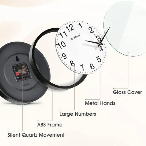 Miniatura 2 de WISKALON Reloj de pared elegante con marco negro silencioso de 10 pulgadas, reloj de pared digital clásico con cristal, funciona con pilas, fácil