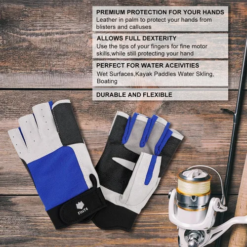 Miniatura 3 de FitsT4 Sports Guantes de vela de 3/4 dedos y agarre, ideales para vela, yate, remo, kayak, pesca, deportes acuáticos para hombres y mujeres Azul