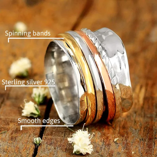 Miniatura 4 de Boho-Magic Anillo giratorio para mujer, plata de ley 925, con cobre y latón, anillos de plata