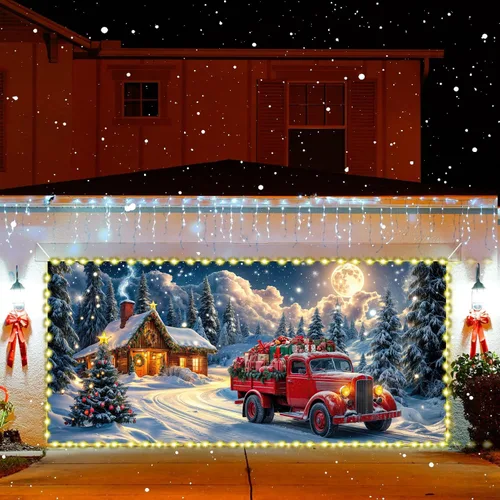 Miniatura 4 de Cubierta de puerta de garaje de Navidad de 6 x 8 pies, Papá Noel, retro, camión, nieve, árbol de Navidad, decoración de puerta de garaje, decoración