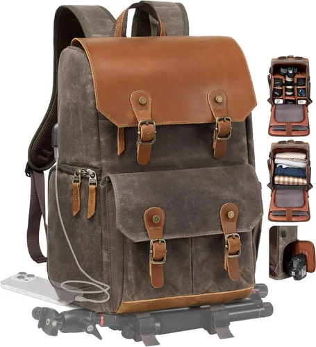 Mochila para cámara Padwa Lifestyle - Bolsa de cámara de lona de memoria encerada resistente al clima para fotógrafos, Café