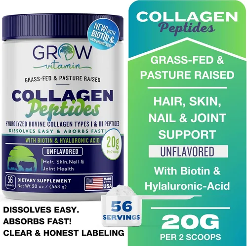Miniatura 9 de Polvo de péptidos de colágeno 0.71 oz con ácido hialurónico y biotina, polvo de colágeno alimentado con pasto sin sabor con suplementos de colágeno