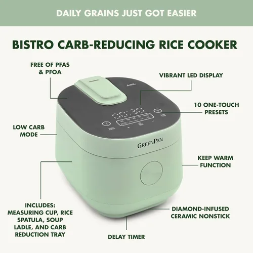 Miniatura 4 de Arrocera GreenPan, 8 tazas cocidas (4 sin cocer), modo bajo en carbohidratos y sopa, 10 ajustes de cocción de un toque, cesta de vapor de cerámica