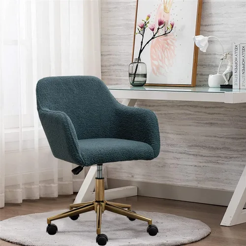 Miniatura 18 de Henf Silla de escritorio tapizada en piel sintética negra para maquillaje con base dorada, silla giratoria de oficina, silla de computadora