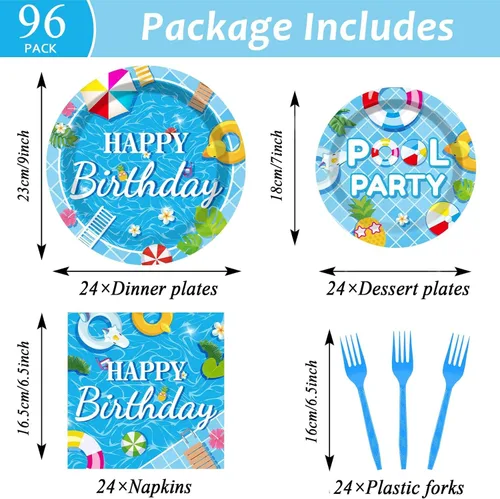Miniatura 2 de Juego de vajilla de 96 piezas para fiesta de cumpleaños de piscina para decoración de mesa de playa de verano, suministros de bola de playa, platos