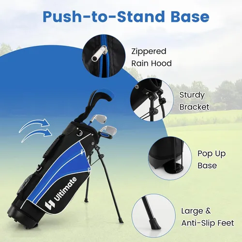 Miniatura 7 de Juego de palos de golf junior Tangkula para niños diestros, incluye madera de fairway #3 y hierros #7/#9, putter, funda para la cabeza y capucha Azul