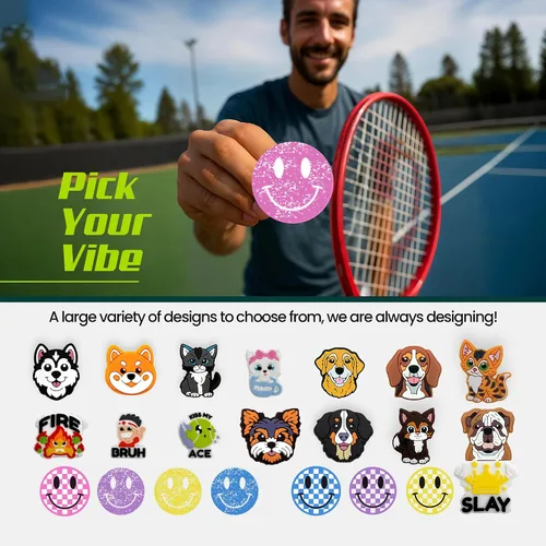 Miniatura 6 de Amortiguador de raquetas de tenis – Diseños de cara sonriente con purpurina – Amortiguador de impactos de tenis reductor de vibración y ruido