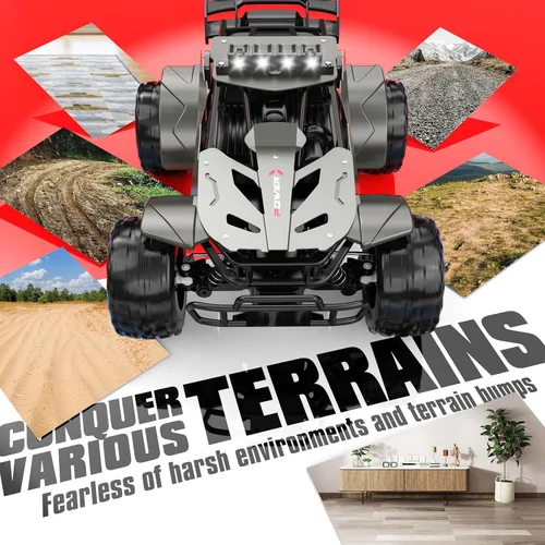 Miniatura 6 de Coche de control remoto de 2.4 GHz, velocidad de carcasa de metal, 20 KM/H, Monster RC Truck con faro LED, dos baterías recargables, 50 minutos