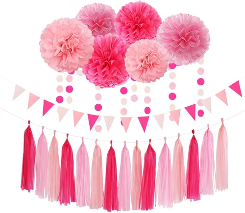 Galentines - Decoraciones de fiesta de color rosa intenso para el día de San Valentín, 23 piezas de cumpleaños para niña, baby shower, serpentinas,