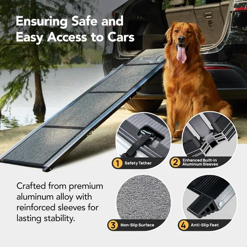 Miniatura 4 de PetThem Rampa para Perros para Coche de 71'' Extra Larga y 17.2" de Ancho, Rampas Plegables para Perros Grandes con Superficie de Alfombra