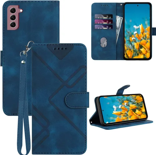 Funda para Galaxy S21, tarjetero, correa para la muñeca, soporte, cierre magnético, funda con patrón de piel sintética, protección a prueba de Azul