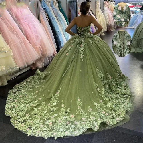 Miniatura 2 de XYAYE Women's Sweetheart Quinceanera Dresses Ball Gowns 3D Flower Lace Prom Dress Strapless Tulle Sweet 15 16 Dress XY071