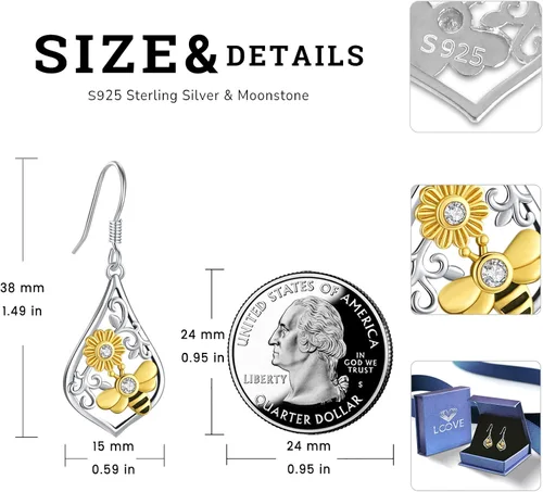 Miniatura 174 de Aretes colgantes de plata de ley con diseño de árbol de la vida, flor, abeja, animales, gato, colibrí, piedra lunar, turquesa, aretes con cierre