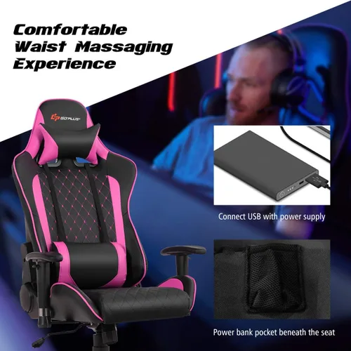 Miniatura 5 de Goplus Silla de juegos de masaje, respaldo reclinable, pasamanos y ajuste de altura del asiento, silla de oficina para computadora de carreras
