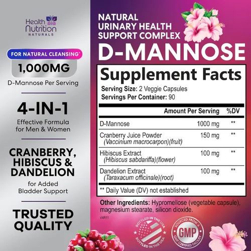Miniatura 2 de Suplemento de D-manosa – 1,000 mg de manosa de D por porción con arándano, hibisco y diente de león – Soporte urinario natural y de acción rápida