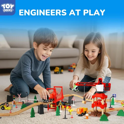 Miniatura 2 de TOY Life Juego de Tren de 81 Piezas con Grúa y Locomotora, Juguete de Tren de Madera, Vías de Tren de Madera para Niños Pequeños de 3, 4, 5 Años