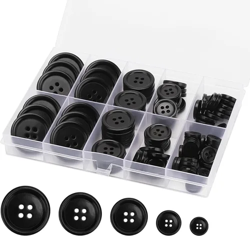 ONEHERE - 100 botones de costura de resina mixta de alta calidad, botones ecológicos de 4 agujeros para manualidades, 5 tamaños de botones negros