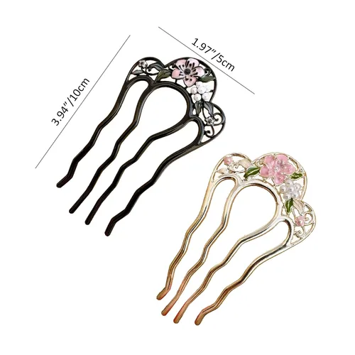 Miniatura 2 de Paquete de 2 horquillas con patrón de flores en forma de U para moños, palillos creativos de 4 puntas, dientes de metal, pinzas de horquilla