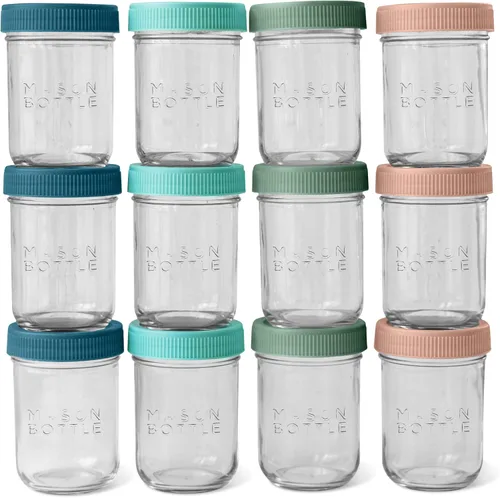 Mason Bottle Tarros de almacenamiento de leche materna de 8 onzas (paquete de 12) – Recipientes de vidrio reutilizables para alimentos para bebés