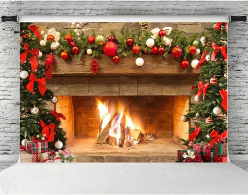 Miniatura 2 de Lofaris Telón de fondo de chimenea de Navidad de 5 x 3 pies, diseño vintage de árbol de fuego, medias rojas, regalos de fondo de fotografía
