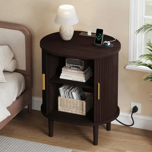 Miniatura 10 de DHH Mesita de noche moderna de mediados de siglo con estación de carga, mesa auxiliar acanalada con puerta corredera y estante ajustable, mesa Negro