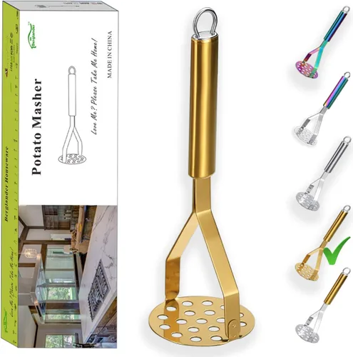 Berglander Triturador de papas, resistente acero inoxidable dorado con chapado de titanio, triturador de frutas y verduras de cocina (dorado)