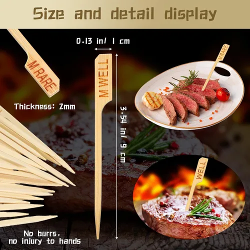 Miniatura 2 de Soaoo 500 unidades de 3.5 pulgadas surtidas de madera de bambú de temperatura palos de temperatura para carne, marcadores de carne de bambú palillos