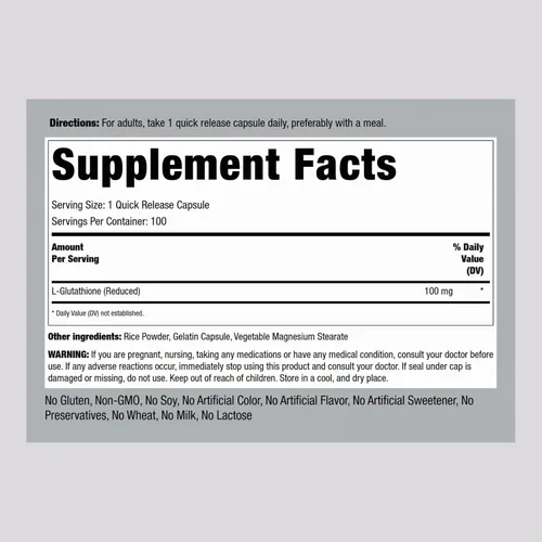 Miniatura 2 de Piping Rock Suplemento de glutatión L 100 mg 100 cápsulas Forma reducida Sin OMG, sin gluten