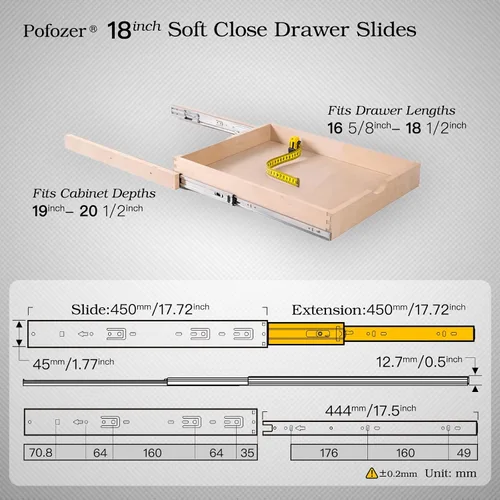 Miniatura 6 de Diapositivas de cajón de cierre suave de 18 pulgadas, 6 pares, rodamiento de bolas resistente, extensión completa para armarios y aparadores