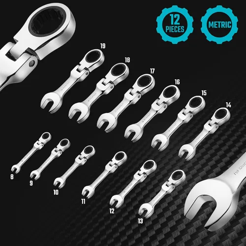Miniatura 2 de Duratech - Juego de llaves de trinquete de cabeza flexible Stubby, métricas, 12 piezas, de 8 a 19 mm, acero CR-V, con bolsa