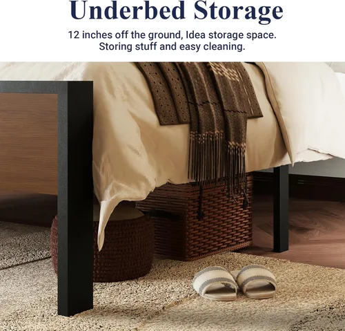 Miniatura 5 de Allewie Base de cama de plataforma tamaño King con cabecera y estribo de madera, soporte de 12 listones de metal resistente, no necesita somier