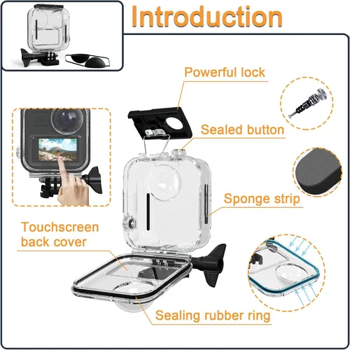 Miniatura 6 de Carcasa impermeable para GoPro MAX 360 con pantalla táctil, carcasa protectora de buceo subacuático con soporte para GoPro MAX360 Kit de accesorios