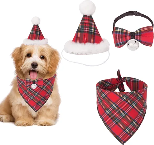 Miniatura 9 de ADOGGYGO Juego de bandana de Navidad para perro, sombrero y pajarita, clásica a cuadros rojos, bufanda de Navidad para mascotas, disfraz de Navidad