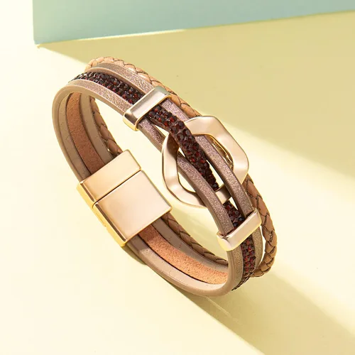 Miniatura 6 de FANCY SHINY Pulsera de cuero con diamantes de imitación circular, apilable, multicapa, con cierre, joyería bohemia, regalo para mujer
