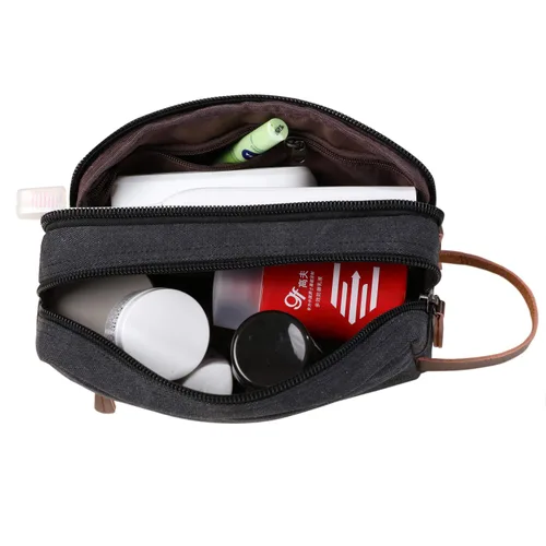 Miniatura 7 de Mactso Neceser para hombre, kit de viaje de cuero de lona vintage con 2 compartimentos, cremallera resistente, 9.5 x 5.5 x 4 pulgadas, organizador