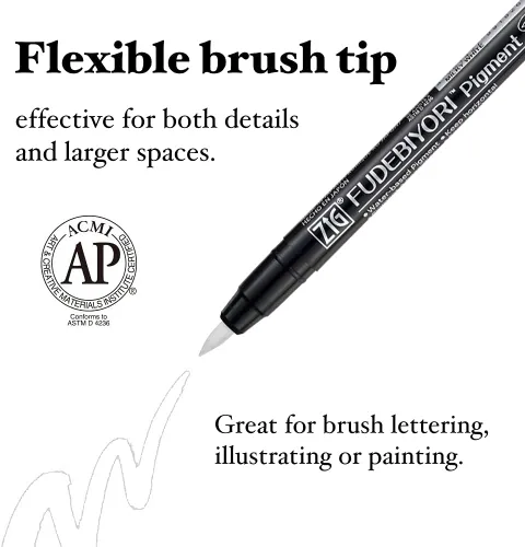 Miniatura 2 de Kuretake ZIG FUDEBIYORI PIGMENT - Juego de 3 bolígrafos blanco lechoso, para letras, ilustración, certificado AP, punta de pincel dura flexible