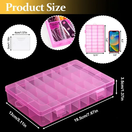 Miniatura 2 de Paquete de 2 cajas organizadoras de plástico rosa de 24 rejillas, contenedor de almacenamiento con divisor ajustable, organizadores de manualidades