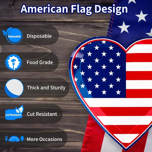 Miniatura 4 de BFUN Platos de fiesta del 4 de julio, 50 platos a granel del Día de la Independencia con forma de corazón patriótico para fiesta del 4 de julio, día