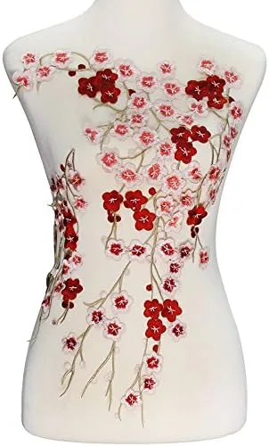 Miniatura 2 de 1 juego de tela de encaje floral de flor de ciruelo grande, apliques de encaje con motivos de encaje Venise en relieve para coser (color A)