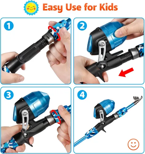 Miniatura 4 de PLUSINNO Caña de pescar para niños con carrete Spincast telescópica caña de pescar Combo kits completos para niños, niñas y adultos Azul