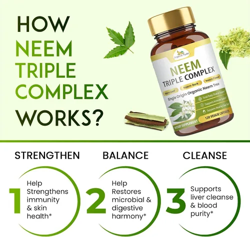 Miniatura 5 de Organic Veda Neem Capsules Triple Complex Extractos de hojas de neem, corteza y flores, suplemento de hierbas para el acné, limpia y limpia la salud