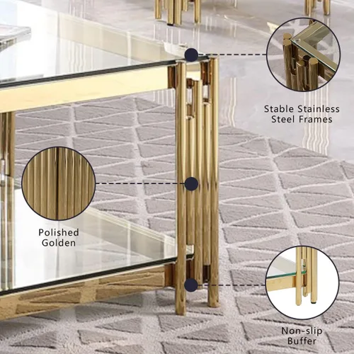 Miniatura 7 de Mesa auxiliar, mesa auxiliar moderna, parte superior de cristal, mesa de centro doble de acero inoxidable dorado para sala de estar