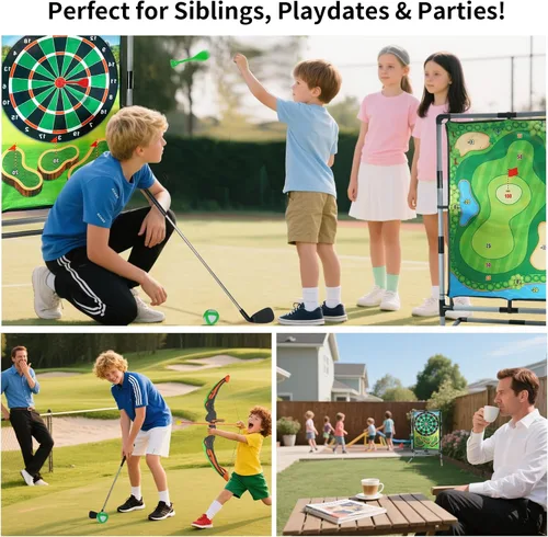 Miniatura 4 de Juego de astillado de golf con soporte, juego de práctica de golf multideportivo con tiro con arco, hacha, dardos, alfombrilla de golpeo de doble