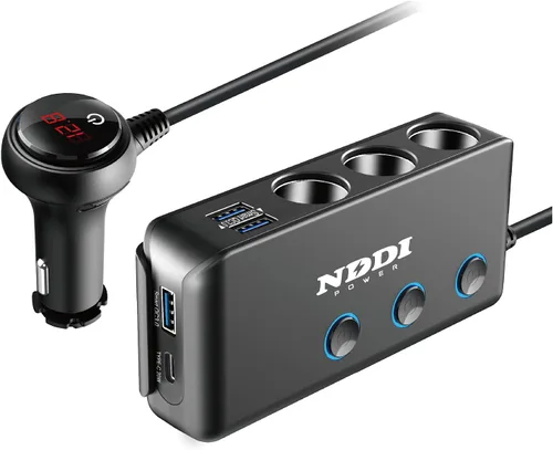 Divisor de Encendedor de Cigarrillos, Adaptador de Coche NDDI POWER 12V/24V de 3 Enchufes con 20W PD3.0 USB-C y Tres Puertos USB QC3.0, Encendedor