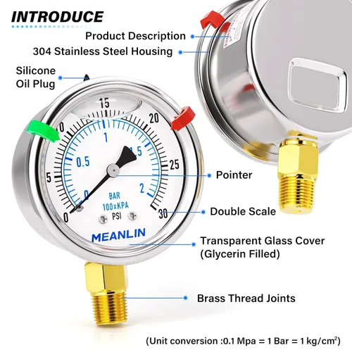 Miniatura 66 de MEANLIN MEASURE Medidor de presión de acero inoxidable relleno de líquido de 0 ~ 300 psi, esfera de cara NPT de 2 pulgadas para compresor de aire