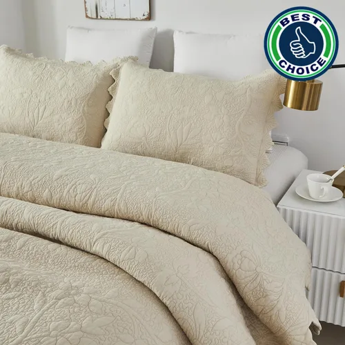 Miniatura 3 de Brandream Juego de ropa de cama de 2 piezas con borde festoneado, tamaño individual, color beige, tamaño individual, tamaño individual