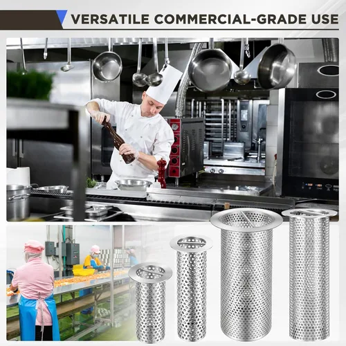 Miniatura 6 de 1 colador de drenaje de piso comercial de malla cilíndrica perforada de acero inoxidable 316 con asa de transporte, resistente, para restaurantes