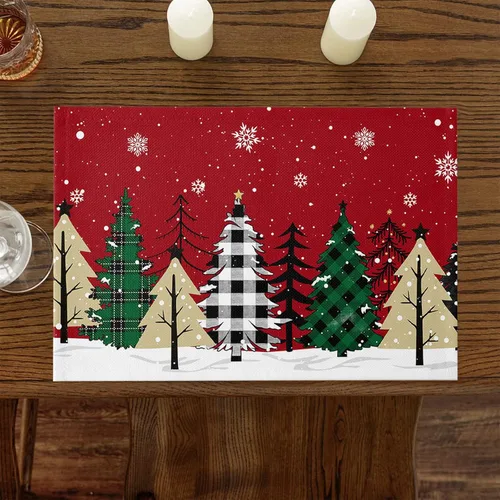 Miniatura 6 de Juego de 4 manteles individuales de árbol de Navidad, mantel rojo para decoración de mesa de comedor, manteles lavables de lino de algodón a cuadros